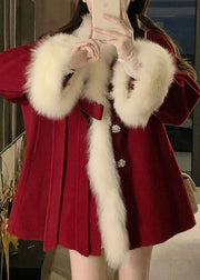 Classy Red Pockets Patchwork Cozy Woolen Parka Winter