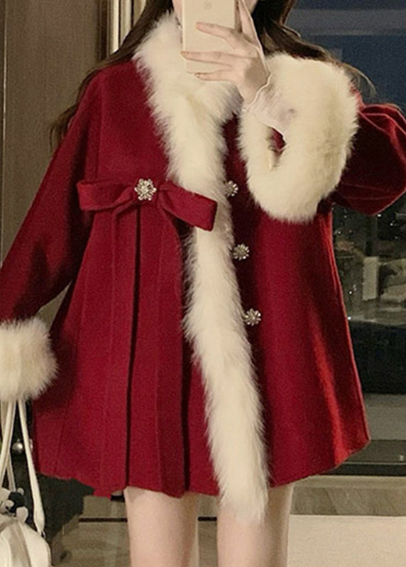 Classy Red Pockets Patchwork Cozy Woolen Parka Winter