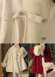 Classy Red Pockets Patchwork Cozy Woolen Parka Winter