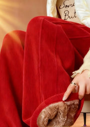 Classy Red Thick High Waist Warm Fleece Pants Winter