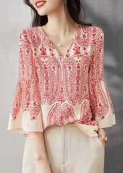 Classy Red V Neck Print Chiffon Blouse Tops Bracelet Sleeve