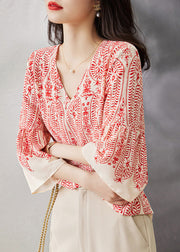 Classy Red V Neck Print Chiffon Blouse Tops Bracelet Sleeve
