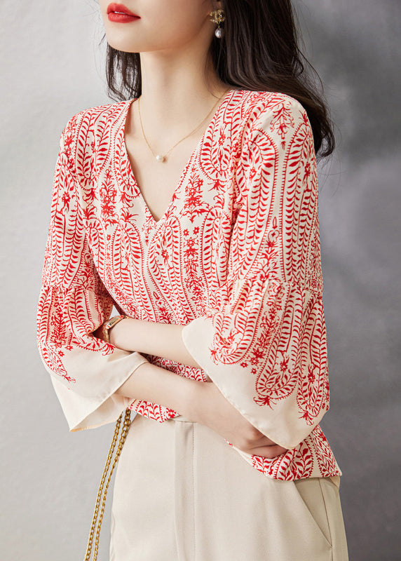 Classy Red V Neck Print Chiffon Blouse Tops Bracelet Sleeve