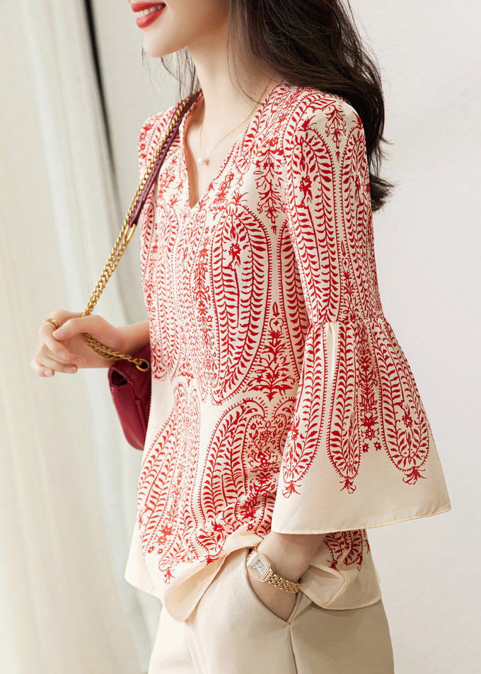 Classy Red V Neck Print Chiffon Blouse Tops Bracelet Sleeve