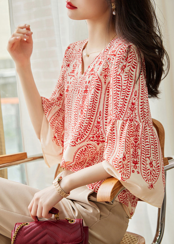 Classy Red V Neck Print Chiffon Blouse Tops Bracelet Sleeve