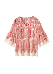 Classy Red V Neck Print Chiffon Blouse Tops Bracelet Sleeve