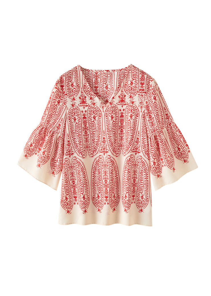 Classy Red V Neck Print Chiffon Blouse Tops Bracelet Sleeve