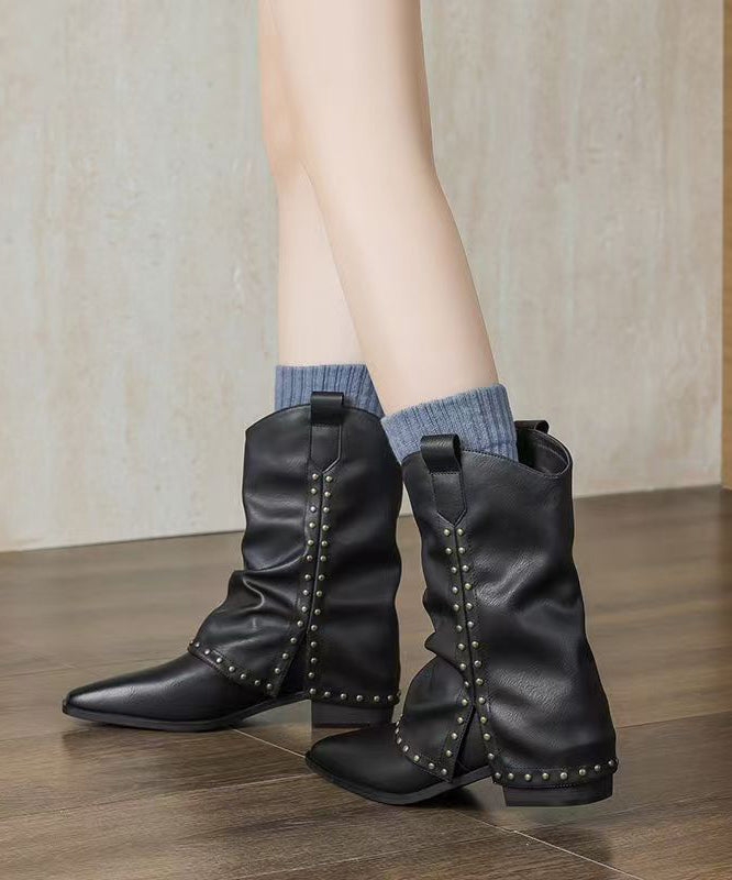 Classy Rivet Splicing Chunky Boots Black Faux Leather