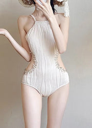 Classy Sexy Beige Hollow Out Solid Bodysuit