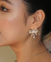 Classy Silk Copper Zircon Bow Pearl Water Drop Stud Earrings