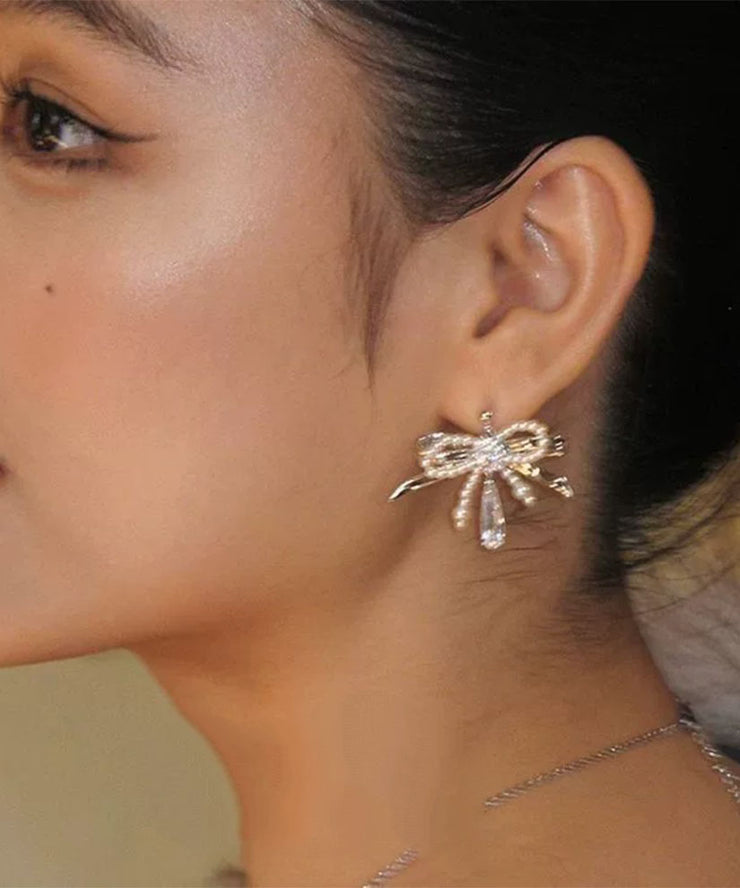 Classy Silk Copper Zircon Bow Pearl Water Drop Stud Earrings