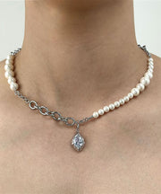 Classy Silk Stainless Steel Pearl Water Drop Zircon Pendant Necklace