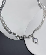 Classy Silk Stainless Steel Pearl Water Drop Zircon Pendant Necklace
