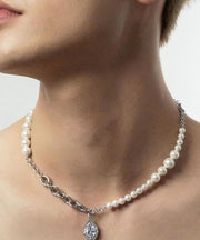 Classy Silk Stainless Steel Pearl Water Drop Zircon Pendant Necklace