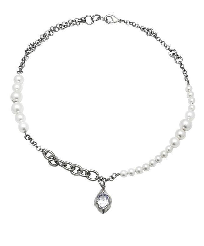 Classy Silk Stainless Steel Pearl Water Drop Zircon Pendant Necklace