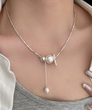 Classy Silk Sterling Silver Pearl Broken Silver Pendant Necklace