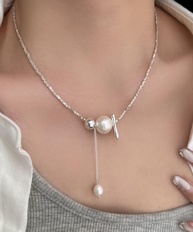 Classy Silk Sterling Silver Pearl Broken Silver Pendant Necklace