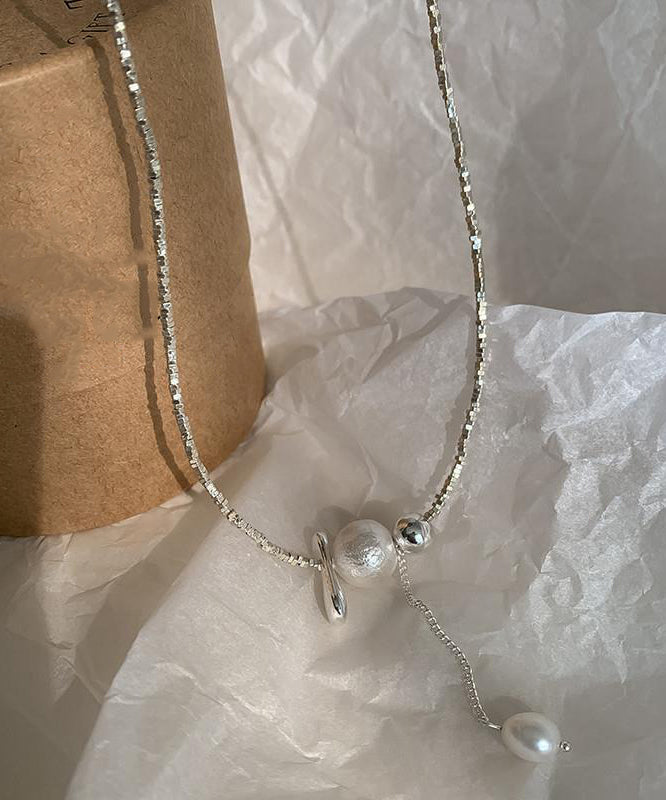 Classy Silk Sterling Silver Pearl Broken Silver Pendant Necklace