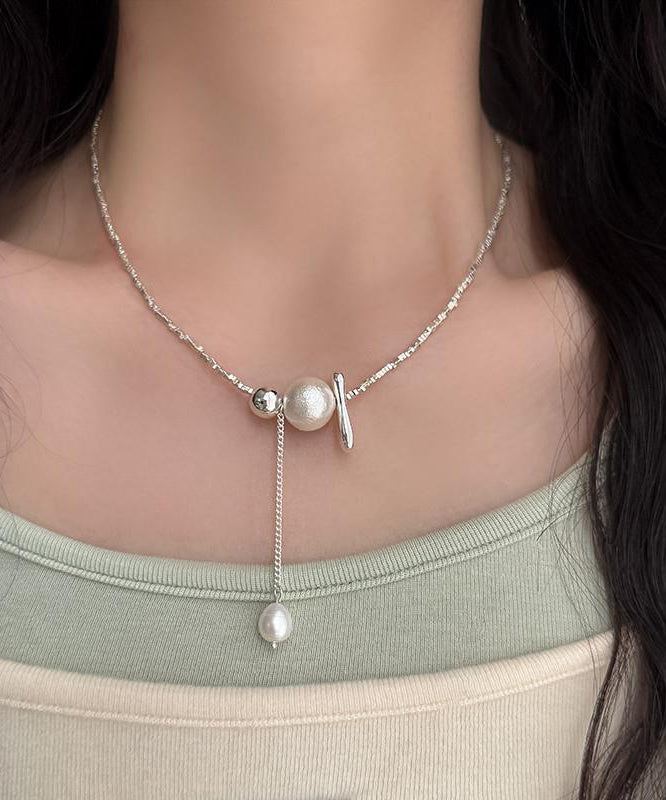 Classy Silk Sterling Silver Pearl Broken Silver Pendant Necklace