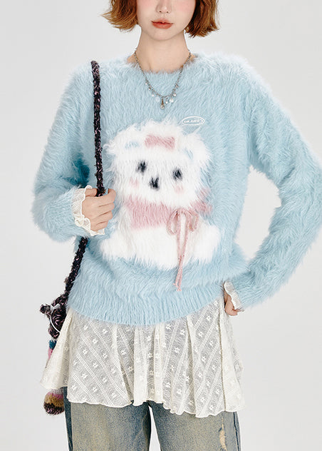 Classy Sky Blue Cute Dog Fuzzy Fur Fluffy Knitted Tops Winter