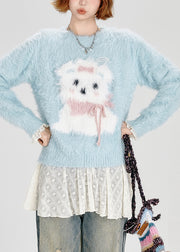 Classy Sky Blue Cute Dog Fuzzy Fur Fluffy Knitted Tops Winter