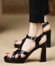 Classy Splicing Chunky Sandals Black Cowhide Leather Peep Toe