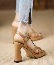 Classy Splicing Chunky Sandals Black Cowhide Leather Peep Toe