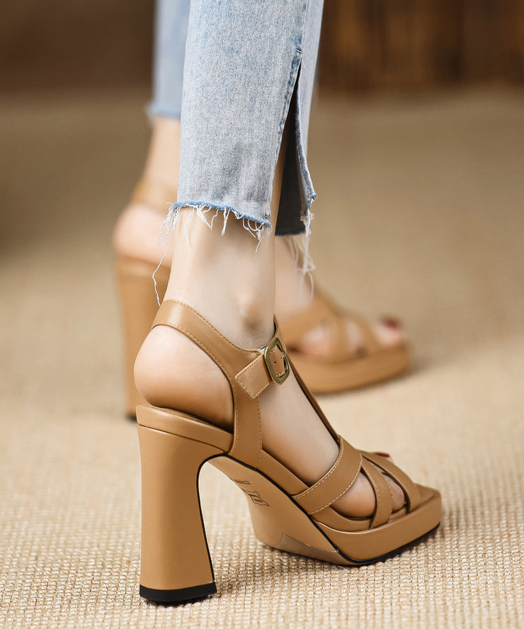 Classy Splicing Chunky Sandals Black Cowhide Leather Peep Toe