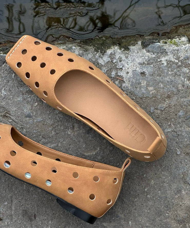 Classy Splicing Flat Shoes Brown Sheepskin Hollow Out