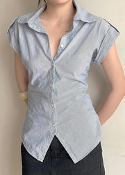 Classy Striped Peter Pan Collar Button Cotton Blouses Summer