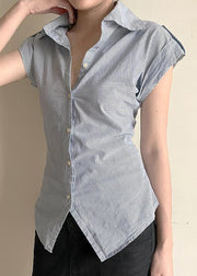 Classy Striped Peter Pan Collar Button Cotton Blouses Summer