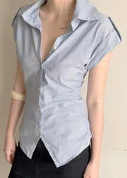 Classy Striped Peter Pan Collar Button Cotton Blouses Summer