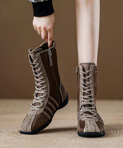 Classy Suede Splicing Boots Lace Up Brown Cowhide Leather