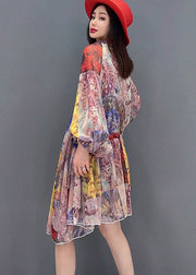 Classy V Neck Print Wrinkled Chiffon Party Dresses Long Sleeve