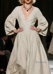 Classy V Neck Wrinkled Patchwork Cotton Dress Fall