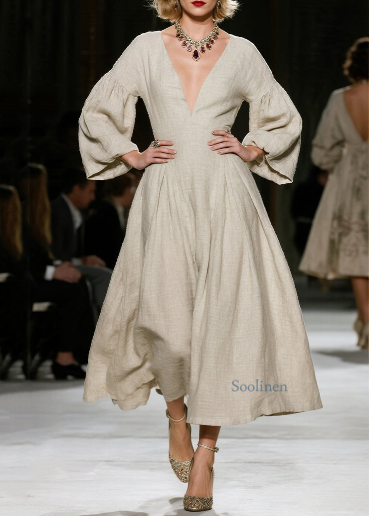 Classy V Neck Wrinkled Patchwork Cotton Dress Fall