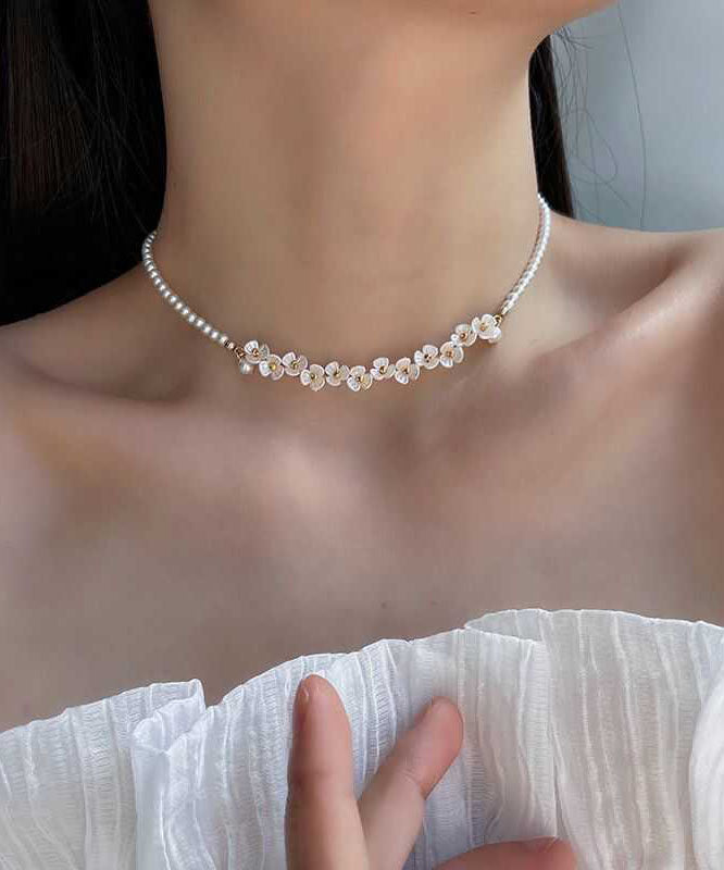 Classy White Alloy Pear Floral Gratuated Bead Necklace