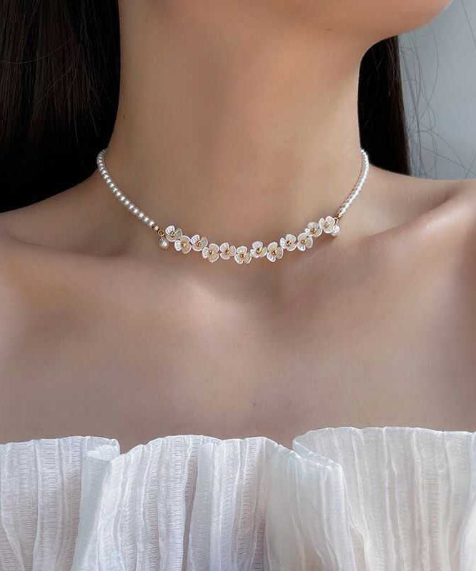 Classy White Alloy Pear Floral Gratuated Bead Necklace