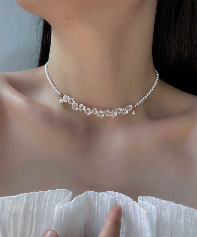 Classy White Alloy Pear Floral Gratuated Bead Necklace
