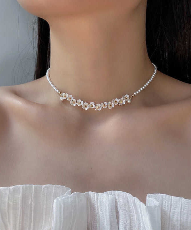 Classy White Alloy Pear Floral Gratuated Bead Necklace