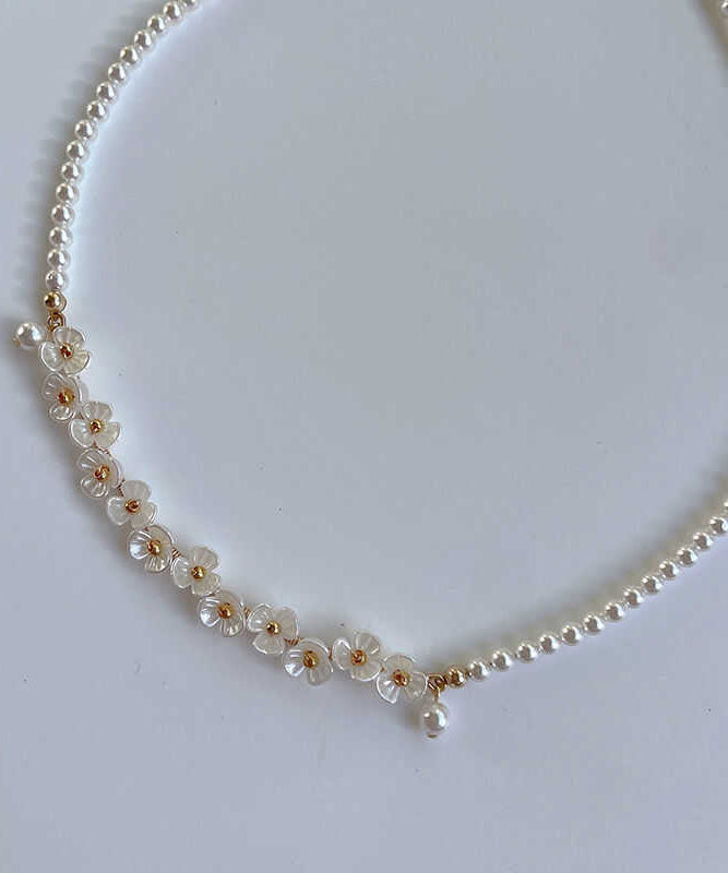 Classy White Alloy Pear Floral Gratuated Bead Necklace