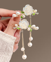 Classy White Alloy Pearl Colored Glaze Camellia Tassel Hairpin