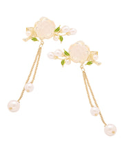 Classy White Alloy Pearl Colored Glaze Camellia Tassel Hairpin