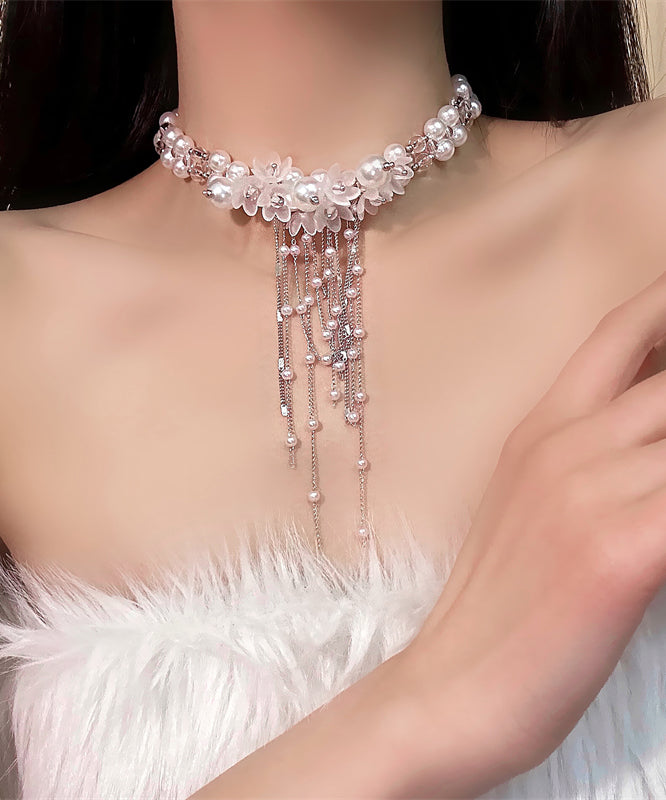 Classy White Alloy Pearl Floral Beading Tassel Lariat Necklace