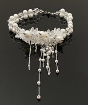 Classy White Alloy Pearl Floral Beading Tassel Lariat Necklace
