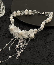 Classy White Alloy Pearl Floral Beading Tassel Lariat Necklace