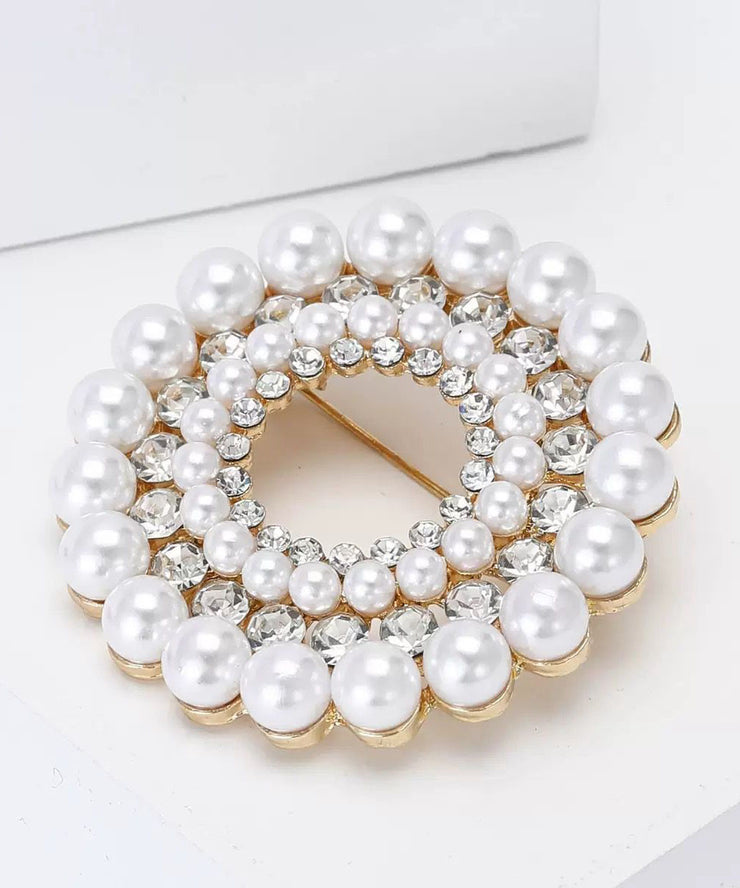 Classy White Alloy Pearl Zircon Floral Brooches