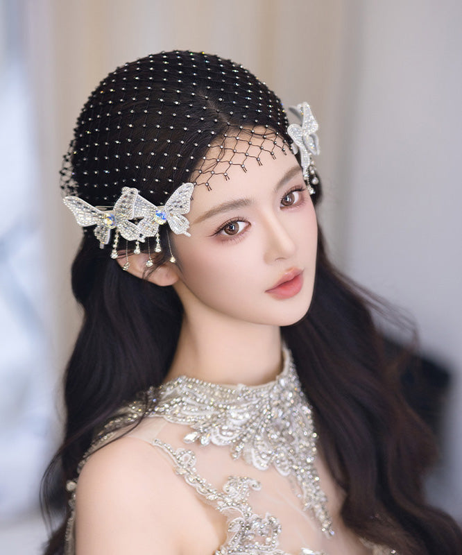 Classy White Alloy Tulle Zircon Butterfly Hairpin