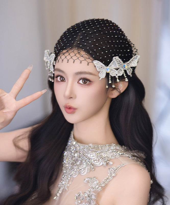 Classy White Alloy Tulle Zircon Butterfly Hairpin