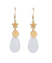 Classy White Ancient Gold Jade Floral Water Drop Drop Earrings